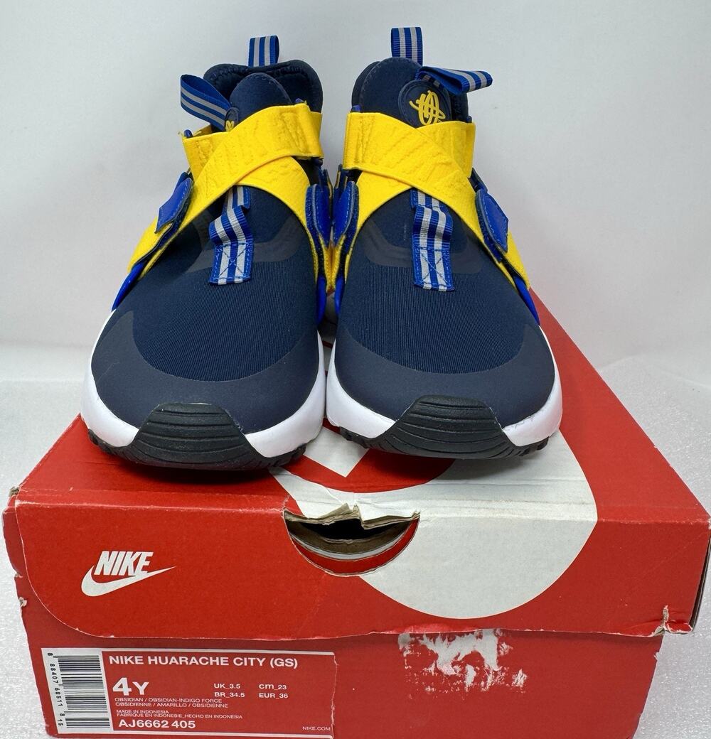 Nike Air Huarache City Shoes Youth Size 4 Blue Yellow Strap Athletic Sneakers